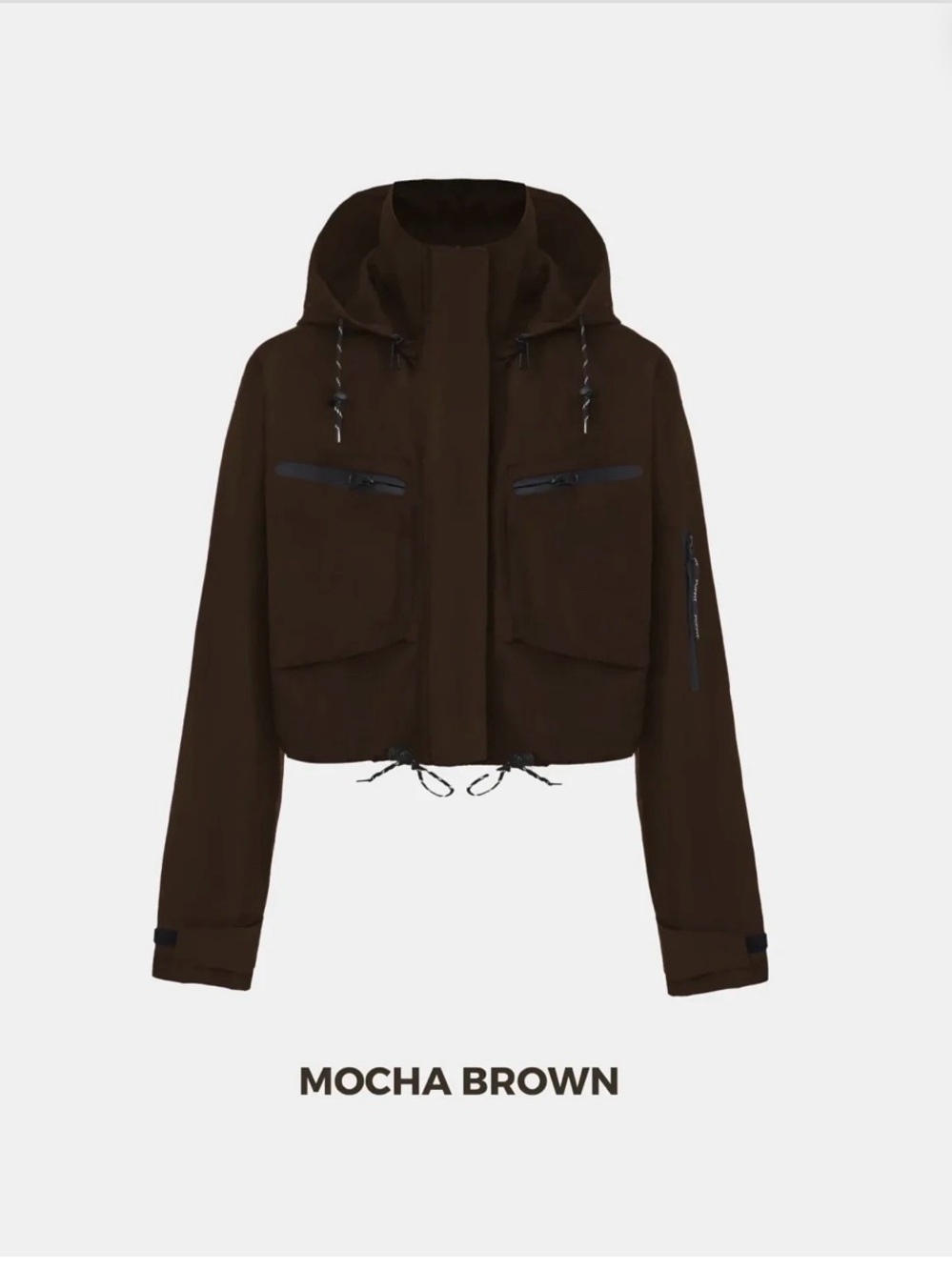 Funnel Neck Brown Hooded Utility Windbreaker Jacket for Women Waterproof Cropped - Picture 3 of 8